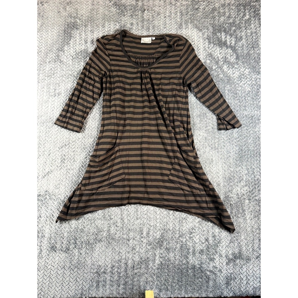 Paper Lace Tunic Top Womens Small Brown Black Striped Gathered Sharkbite Hem
